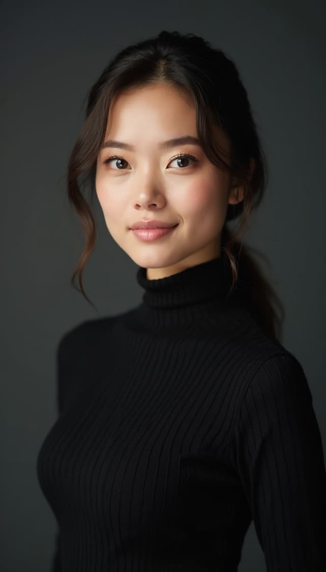 Business professional in a navy suit against a neutral studio background