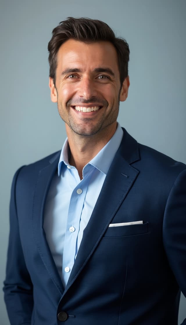 Female creative professional in a v-neck sweater against a white studio background