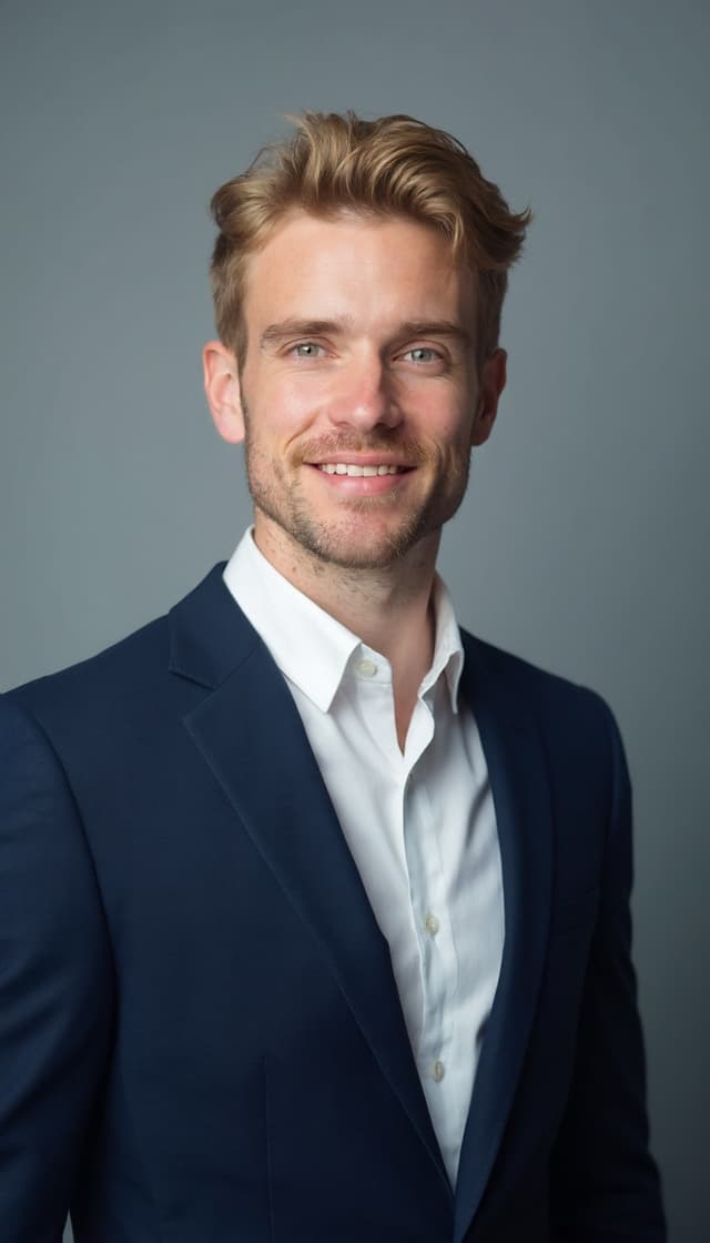 Business formal look with a charcoal suit in front of a city skyline