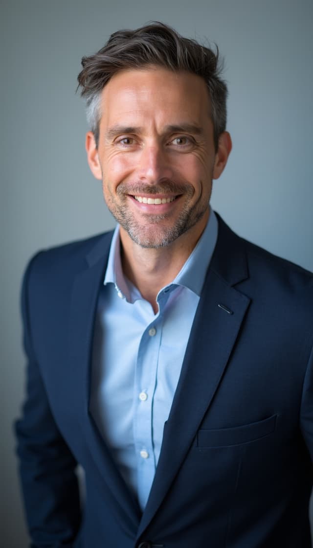 Creative professional in a turtleneck sweater with a textured wall backdrop