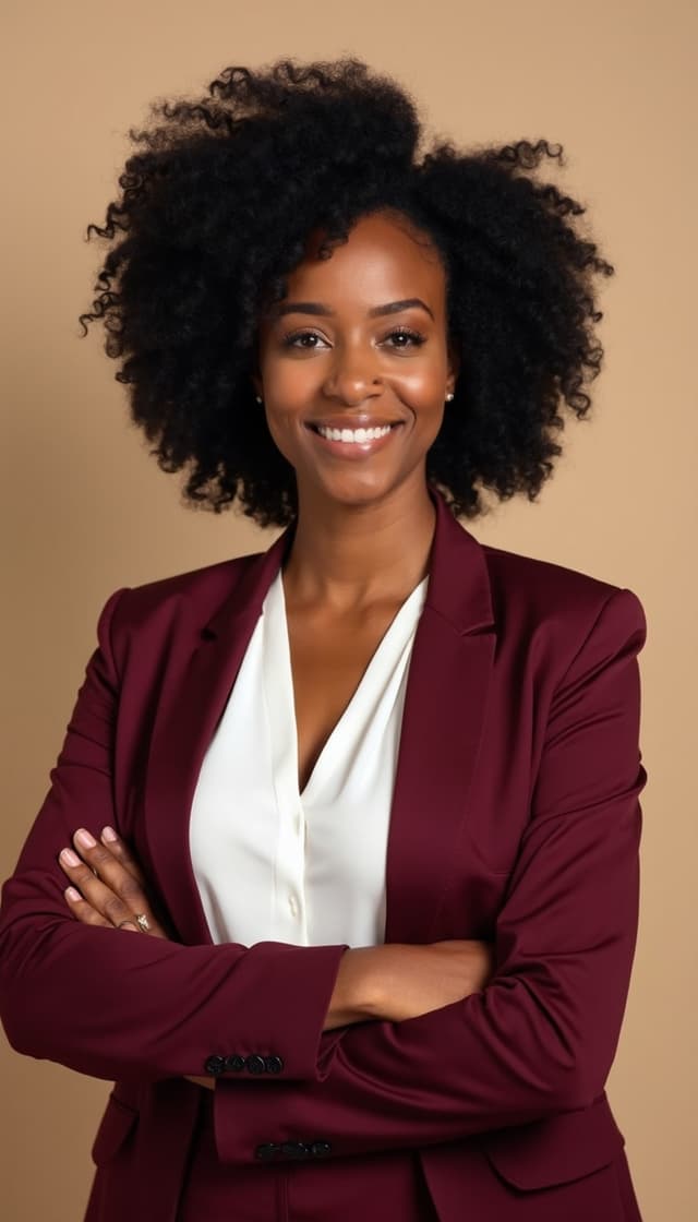 Female executive in a dark suit with a city skyline in the background