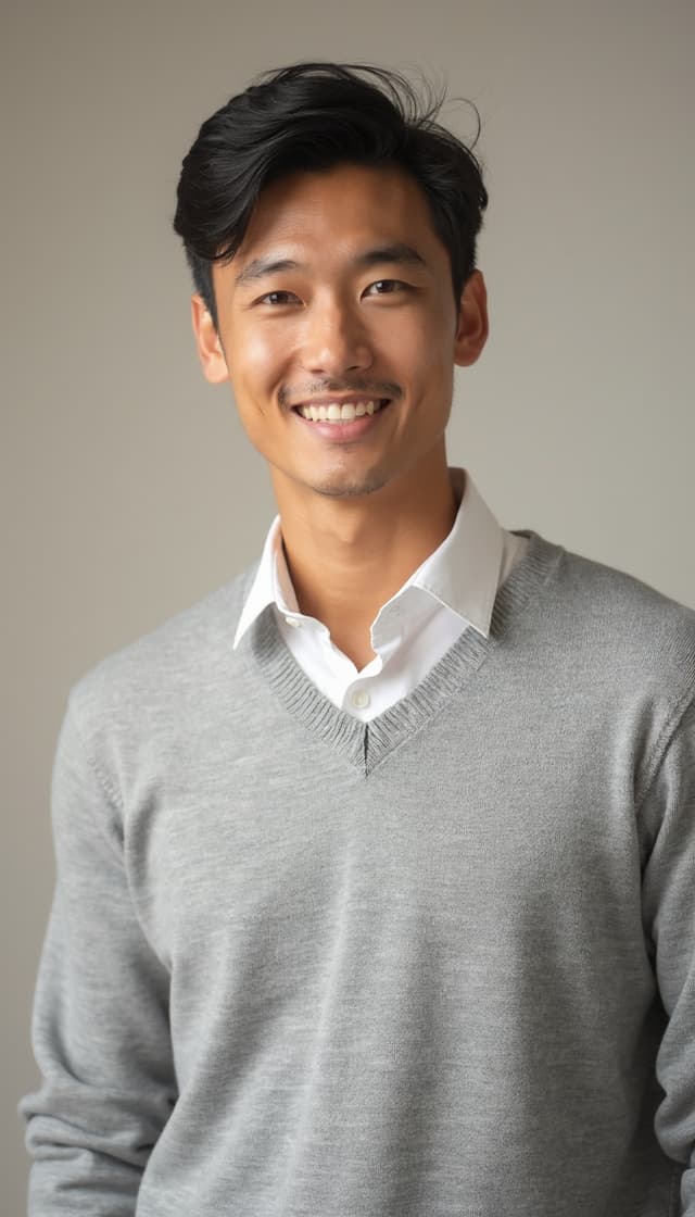 Creative outfit with a patterned shirt against a dark studio background