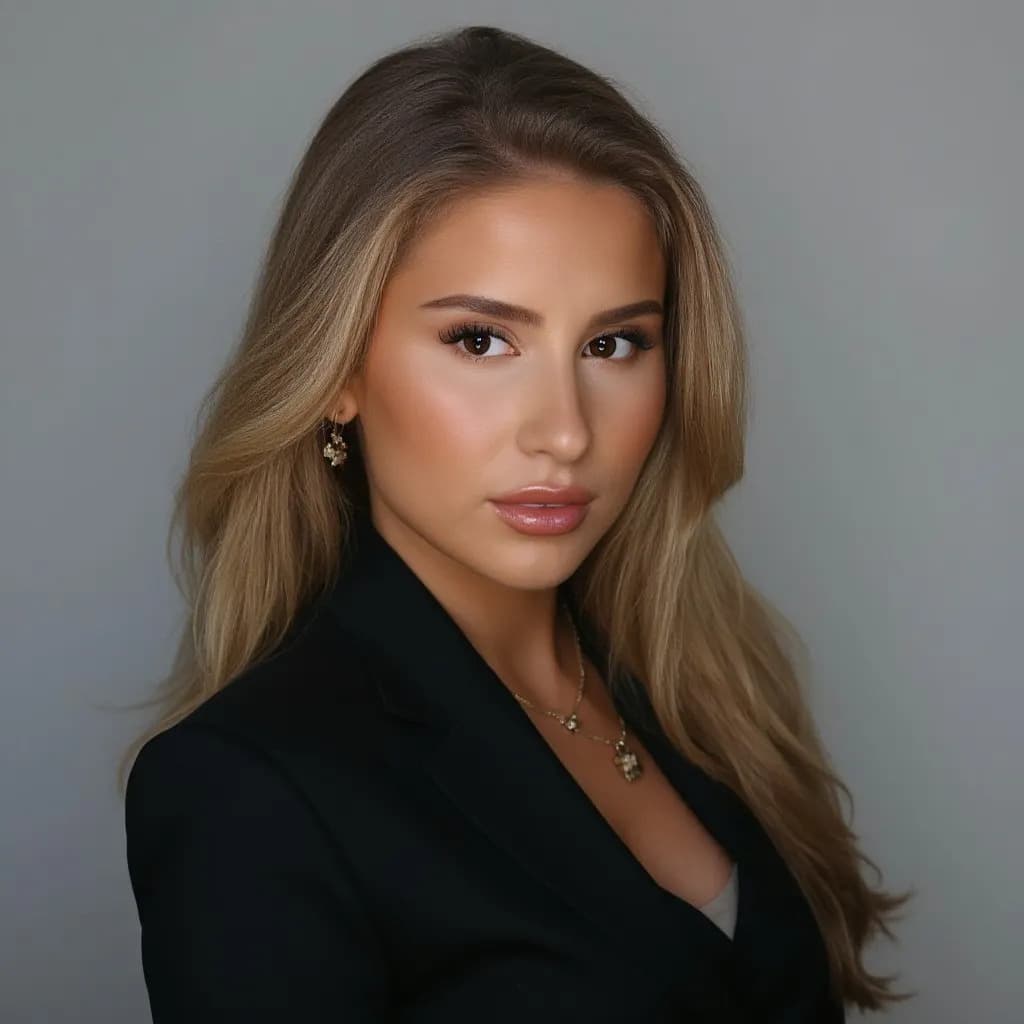 AI-generated professional headshot of a woman with curly hair in a white blouse