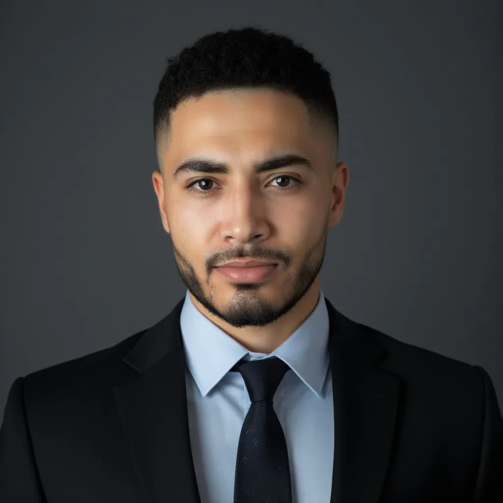 AI-generated professional headshot of a man in a dark suit